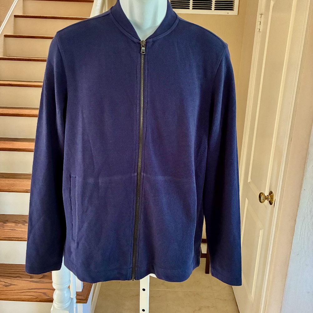 John Varvatos USA Full Zip Textured Knit Jacket Navy Blue Side Pockets M